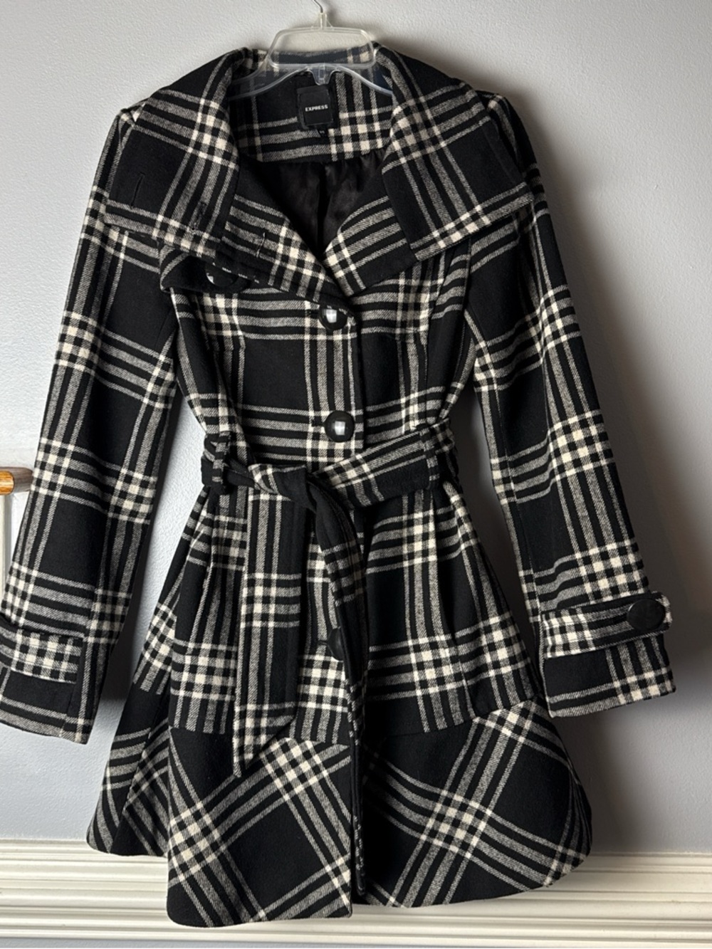 Vintage Express Black & Cream Plaid Belted Fit-and-Flare Coat Wool Blend - Picture 1 of 8